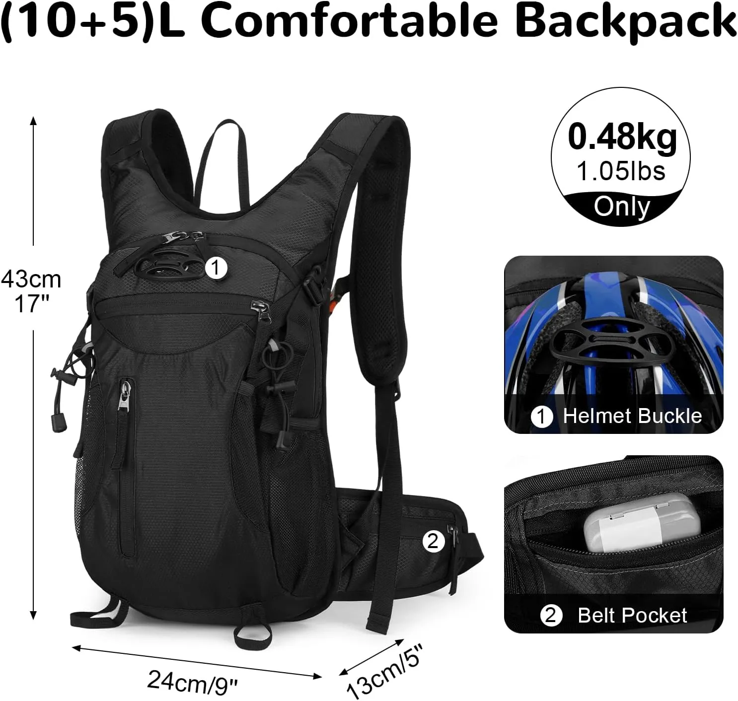 15L Small Hiking Daypack Men Women with Phone Pocket, Breathable Travel Hiking Backpack, Waterproof Ultralight Running Backpack for Bike Camping Sports, Black