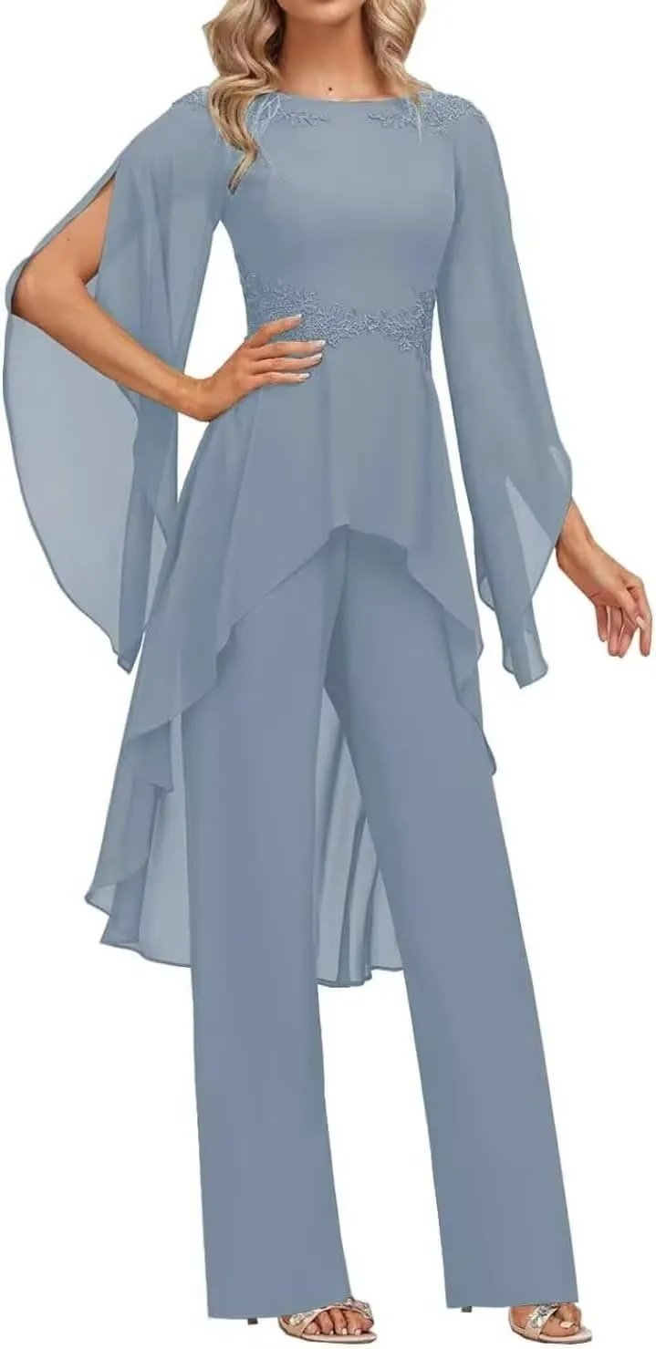 2 Pieces Chiffon Mother of The Bride Pant Suits for Wedding Lace Appliques Formal Outfits Ruffle Sleeve Pantsuits