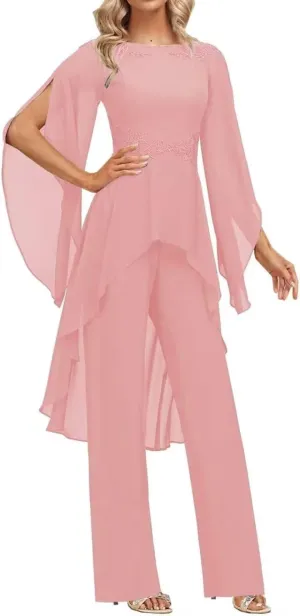 2 Pieces Chiffon Mother of The Bride Pant Suits for Wedding Lace Appliques Formal Outfits Ruffle Sleeve Pantsuits