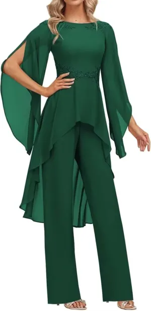 2 Pieces Chiffon Mother of The Bride Pant Suits for Wedding Lace Appliques Formal Outfits Ruffle Sleeve Pantsuits
