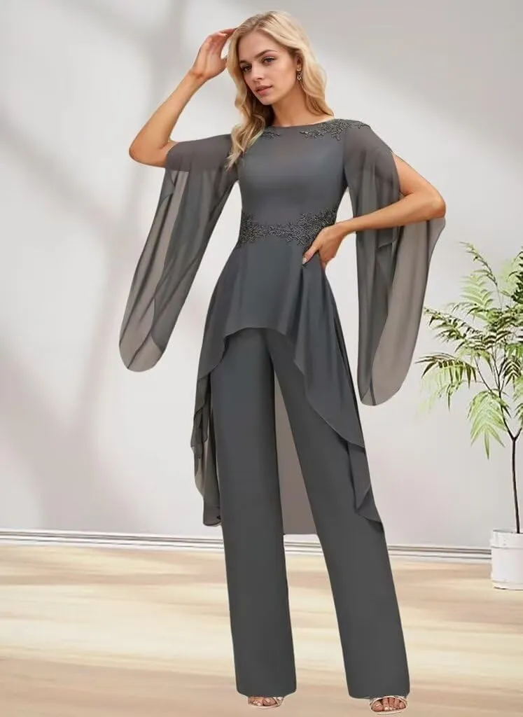 2 Pieces Chiffon Mother of The Bride Pant Suits for Wedding Lace Appliques Formal Outfits Ruffle Sleeve Pantsuits