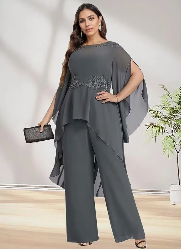 2 Pieces Chiffon Mother of The Bride Pant Suits for Wedding Lace Appliques Formal Outfits Ruffle Sleeve Pantsuits