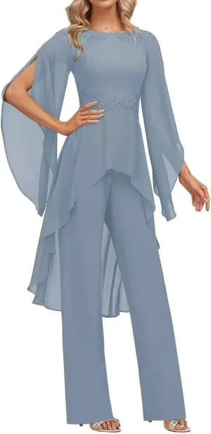 2 Pieces Chiffon Mother of The Bride Pant Suits for Wedding Lace Appliques Formal Outfits Ruffle Sleeve Pantsuits