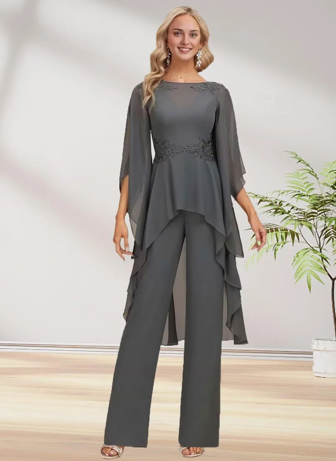 2 Pieces Chiffon Mother of The Bride Pant Suits for Wedding Lace Appliques Formal Outfits Ruffle Sleeve Pantsuits