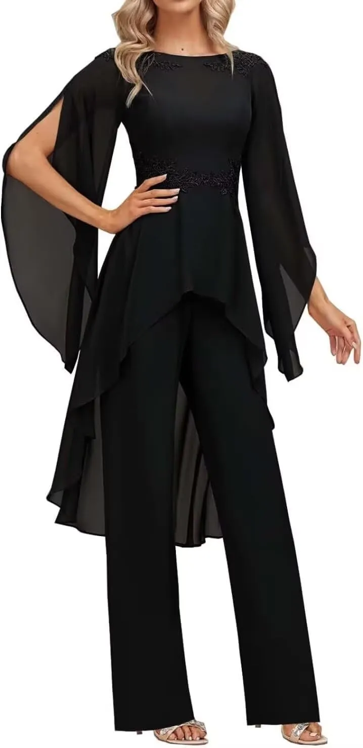 2 Pieces Chiffon Mother of The Bride Pant Suits for Wedding Lace Appliques Formal Outfits Ruffle Sleeve Pantsuits