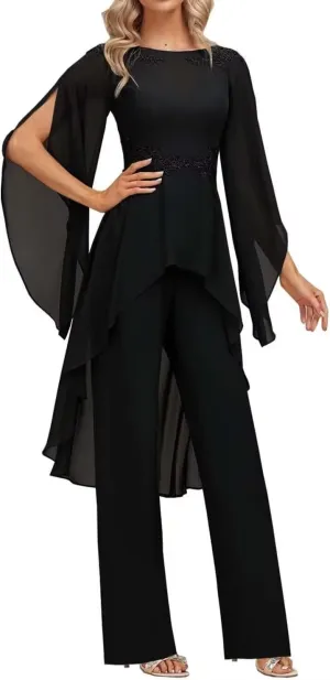 2 Pieces Chiffon Mother of The Bride Pant Suits for Wedding Lace Appliques Formal Outfits Ruffle Sleeve Pantsuits