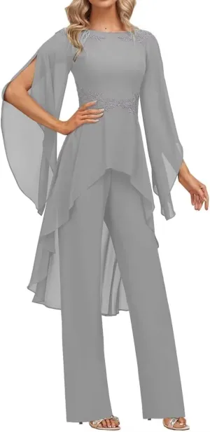 2 Pieces Chiffon Mother of The Bride Pant Suits for Wedding Lace Appliques Formal Outfits Ruffle Sleeve Pantsuits