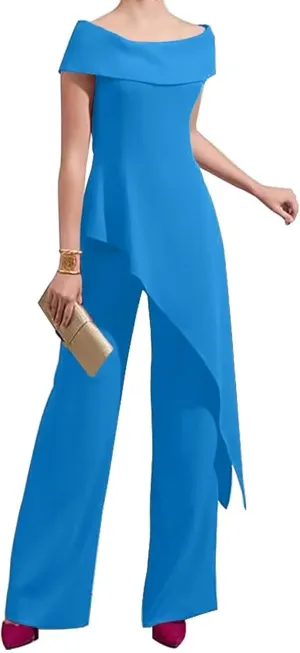 2 Pieces Chiffon Mother of The Bride Pant Suits for Wedding Off Shoulder Long Pantsuits for Women Formal Outfits