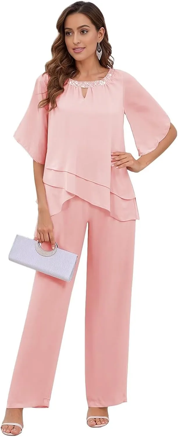 2 Pieces Mother of The Bride Pant Suits for Women Dressy Layered Chiffon Sequin Neck Short Sleeve Formal Outfits