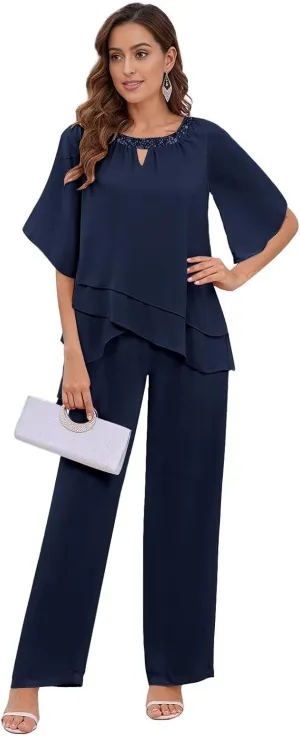 2 Pieces Mother of The Bride Pant Suits for Women Dressy Layered Chiffon Sequin Neck Short Sleeve Formal Outfits