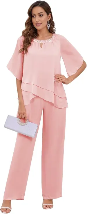 2 Pieces Mother of The Bride Pant Suits for Women Dressy Layered Chiffon Sequin Neck Short Sleeve Formal Outfits