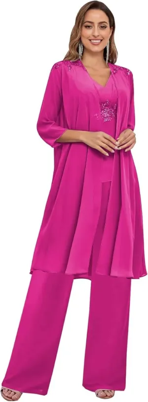 3 Pieces Mother of The Bride Pant Suits for Women Dressy with Long Jacket Chiffon Lace Sparkly Wedding Formal Outfit
