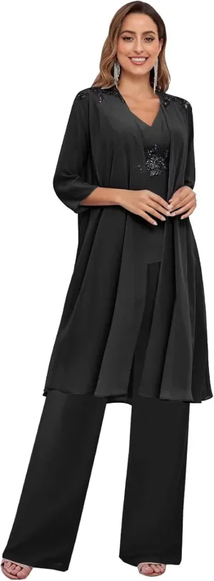 3 Pieces Mother of The Bride Pant Suits for Women Dressy with Long Jacket Chiffon Lace Sparkly Wedding Formal Outfit