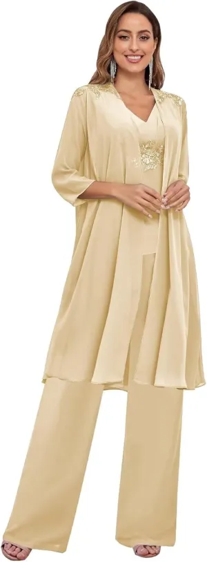 3 Pieces Mother of The Bride Pant Suits for Women Dressy with Long Jacket Chiffon Lace Sparkly Wedding Formal Outfit