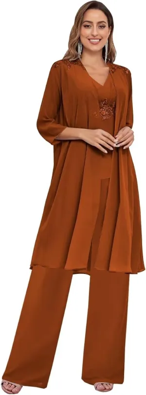 3 Pieces Mother of The Bride Pant Suits for Women Dressy with Long Jacket Chiffon Lace Sparkly Wedding Formal Outfit