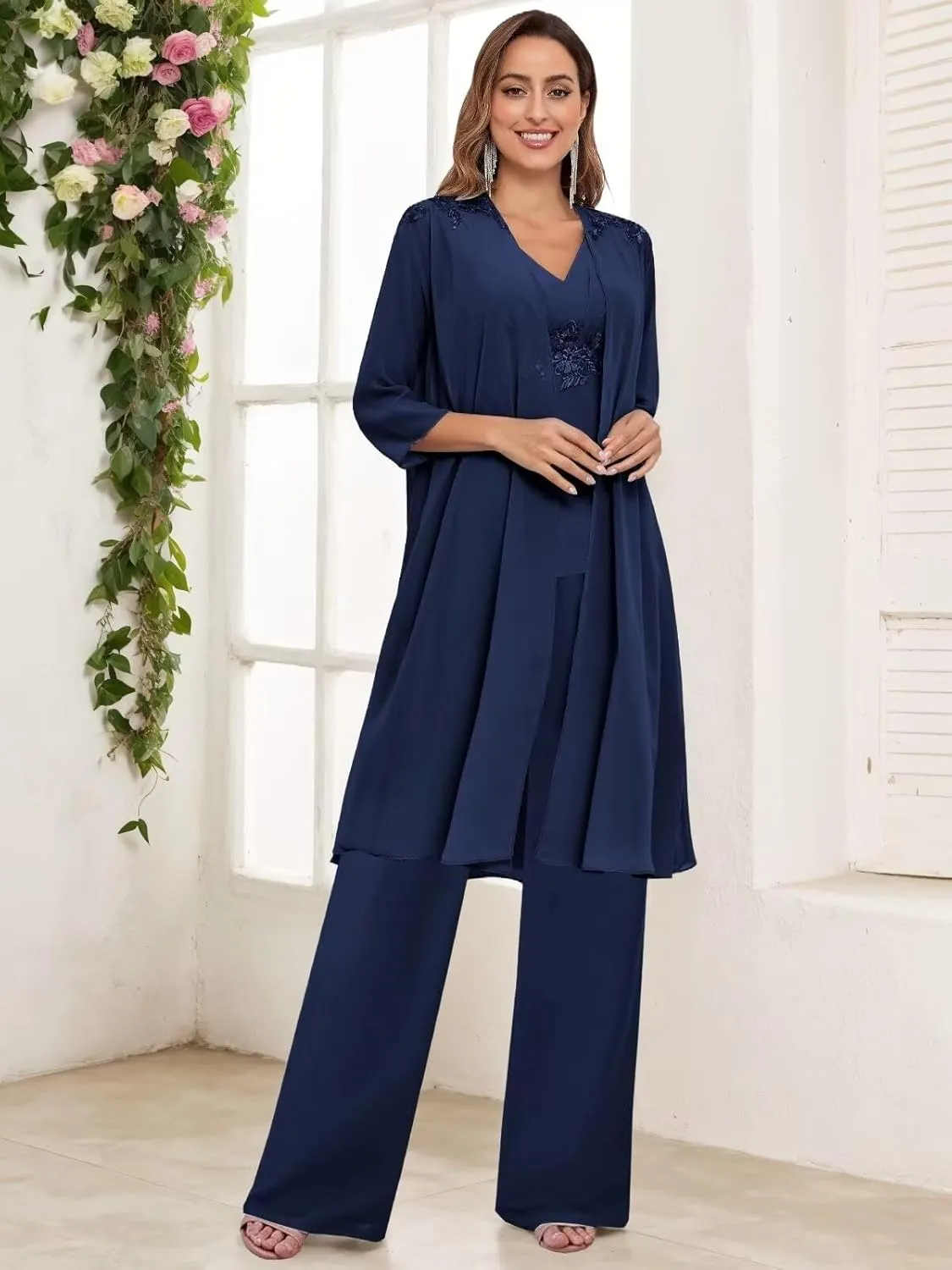 3 Pieces Mother of The Bride Pant Suits for Women Dressy with Long Jacket Chiffon Lace Sparkly Wedding Formal Outfit