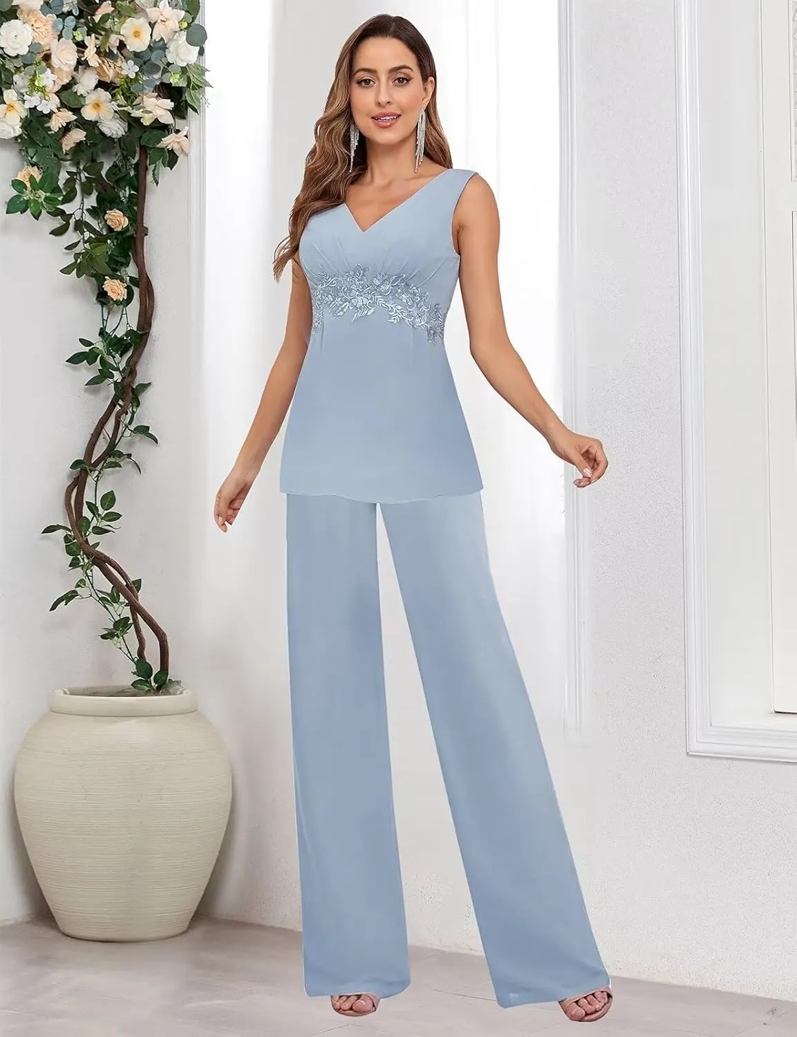 3 Pieces Mother of The Bride Pant Suits for Women Dressy with Long Jacket Chiffon Lace Sparkly Wedding Formal Outfit