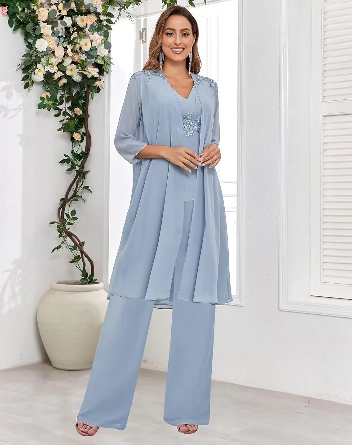 3 Pieces Mother of The Bride Pant Suits for Women Dressy with Long Jacket Chiffon Lace Sparkly Wedding Formal Outfit