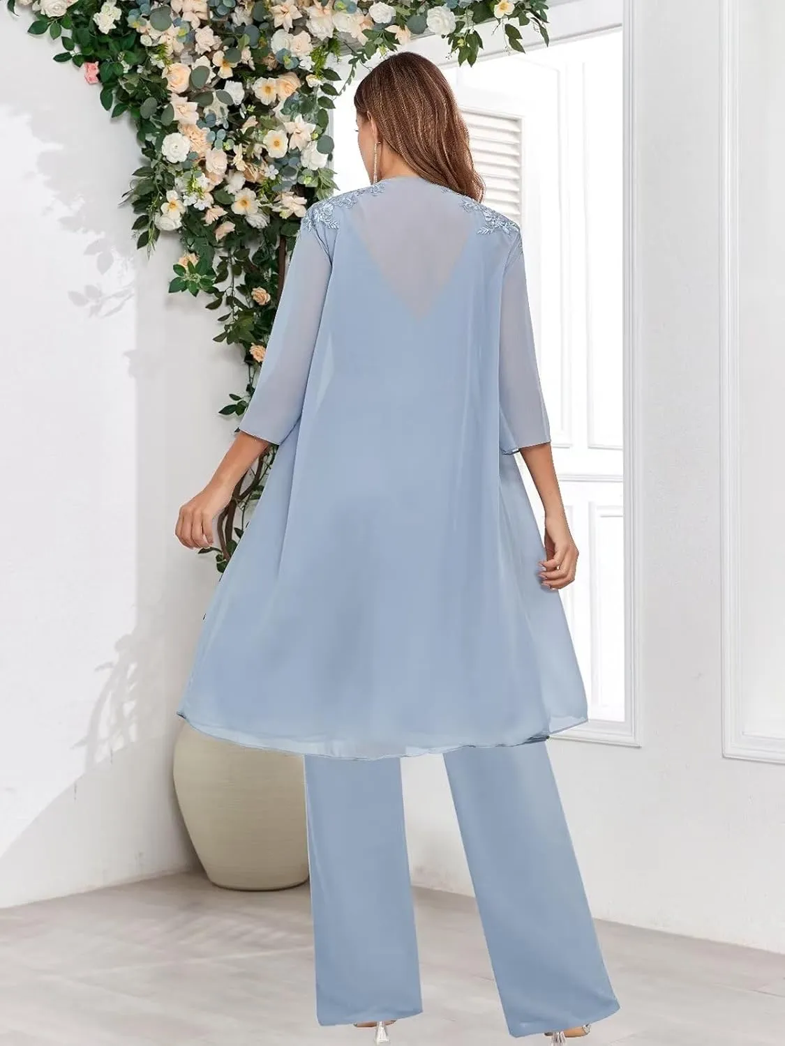 3 Pieces Mother of The Bride Pant Suits for Women Dressy with Long Jacket Chiffon Lace Sparkly Wedding Formal Outfit
