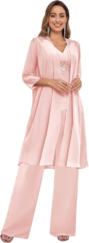3 Pieces Mother of The Bride Pant Suits for Women Dressy with Long Jacket Chiffon Lace Sparkly Wedding Formal Outfit