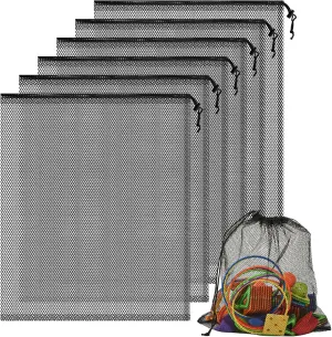 6PCS Mesh Bag Drawstring - Nylon Drawstring with Lock Suitable for Beach Toys, Balls, Swimming Gear, Laundry Breathable Stuff Sack(13.7x15.7 Inch) (6PCS Black Mesh Bag)