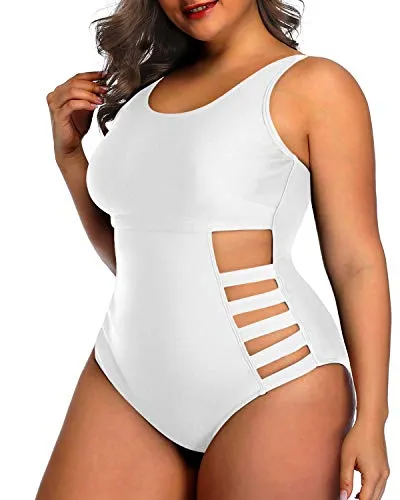 Adjustable Straps Swimwear Plus Size Side Cutout Sexy Swimwear-White
