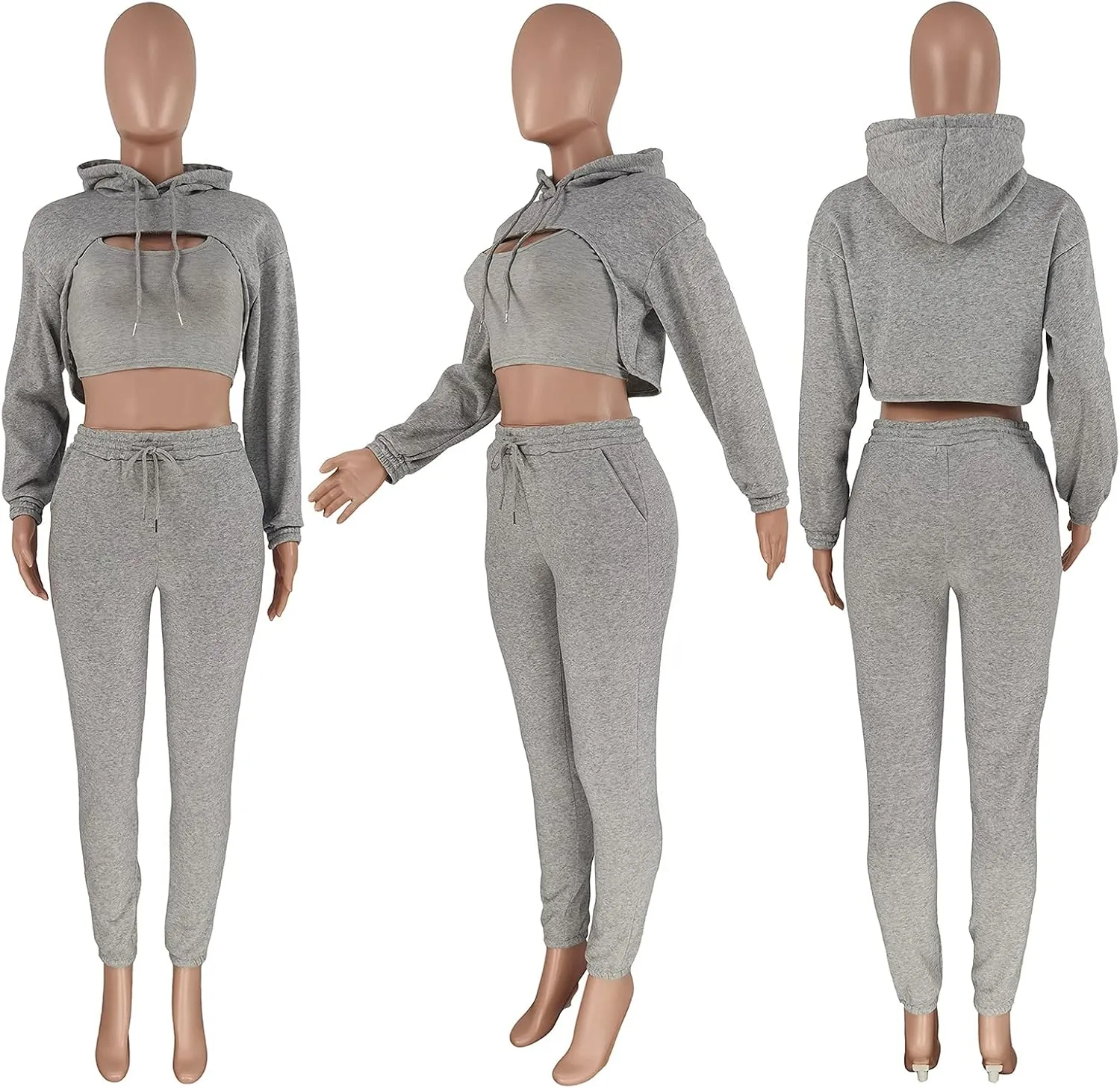 Adogirl Women 3 Piece Outfits Tracksuits Set Sexy Long Sleeve Pullover Hoodie Tank Crop Tops Jogger Sweatpants Sweatsuits