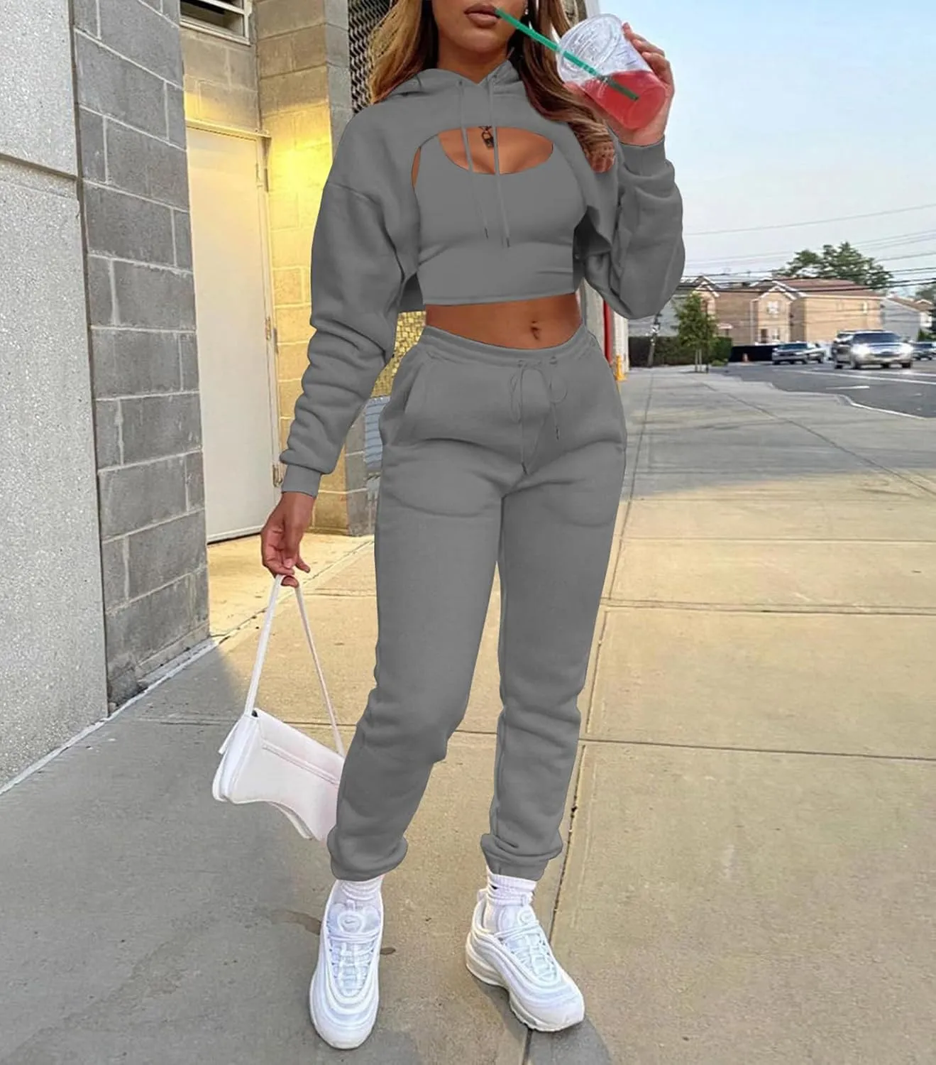 Adogirl Women 3 Piece Outfits Tracksuits Set Sexy Long Sleeve Pullover Hoodie Tank Crop Tops Jogger Sweatpants Sweatsuits