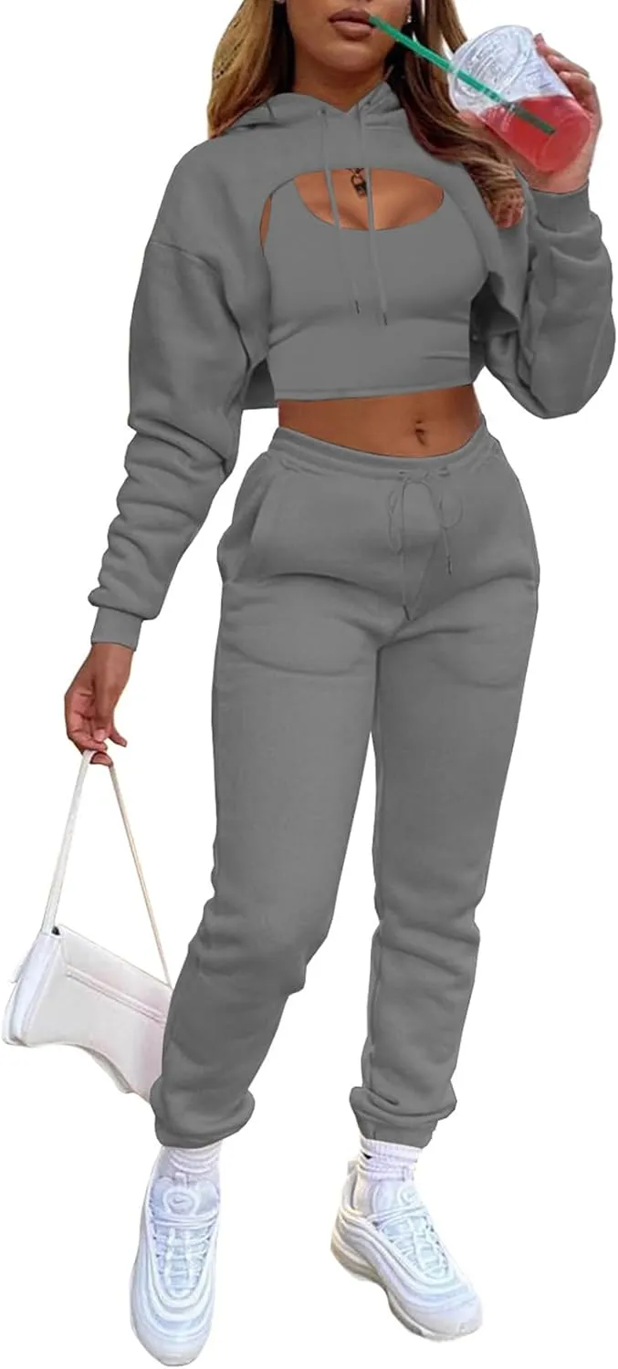 Adogirl Women 3 Piece Outfits Tracksuits Set Sexy Long Sleeve Pullover Hoodie Tank Crop Tops Jogger Sweatpants Sweatsuits