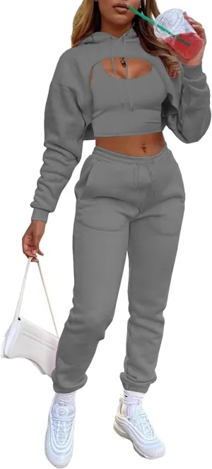 Adogirl Women 3 Piece Outfits Tracksuits Set Sexy Long Sleeve Pullover Hoodie Tank Crop Tops Jogger Sweatpants Sweatsuits