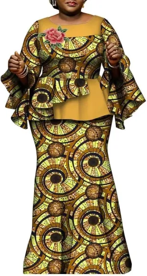 African Clothes for Women 2 Pieces Outfits Set Print Pleated Tops and Long Skirts Party Dress