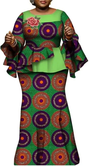 African Clothes for Women 2 Pieces Outfits Set Print Pleated Tops and Long Skirts Party Dress