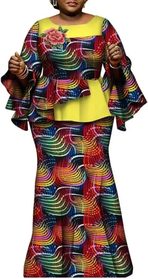 African Clothes for Women 2 Pieces Outfits Set Print Pleated Tops and Long Skirts Party Dress