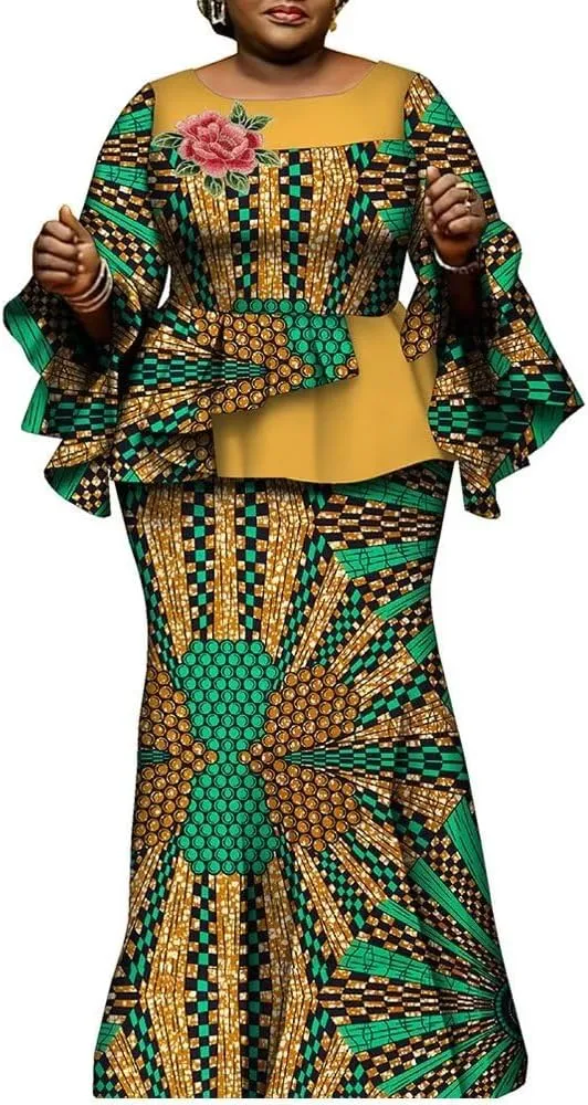 African Clothes for Women 2 Pieces Outfits Set Print Pleated Tops and Long Skirts Party Dress