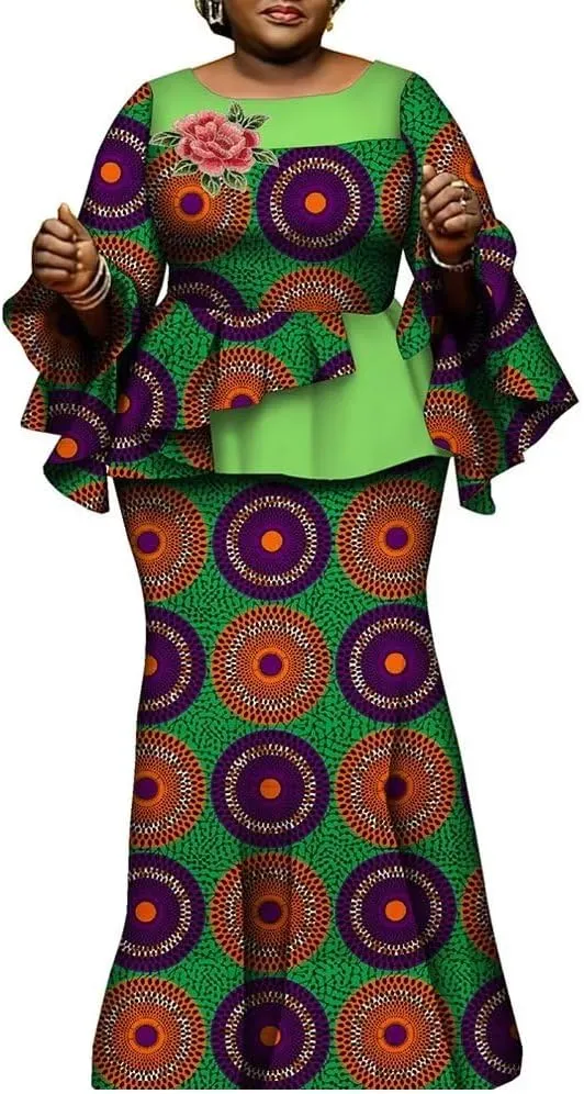 African Clothes for Women 2 Pieces Outfits Set Print Pleated Tops and Long Skirts Party Dress