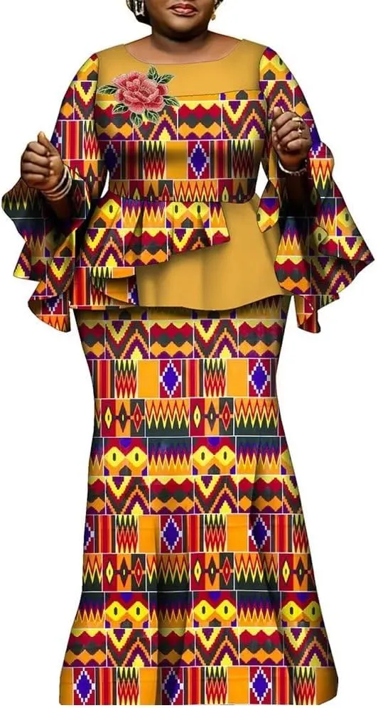 African Clothes for Women 2 Pieces Outfits Set Print Pleated Tops and Long Skirts Party Dress