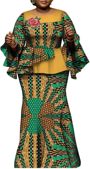 African Clothes for Women 2 Pieces Outfits Set Print Pleated Tops and Long Skirts Party Dress