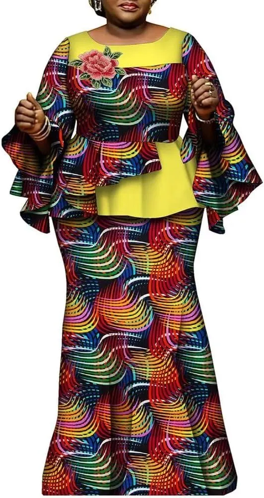 African Clothes for Women 2 Pieces Outfits Set Print Pleated Tops and Long Skirts Party Dress