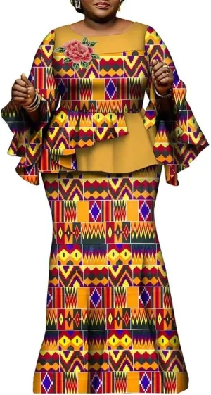 African Clothes for Women 2 Pieces Outfits Set Print Pleated Tops and Long Skirts Party Dress