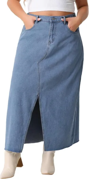 Agnes Orinda Women's Plus Size Vintage Denim Maxi Skirt Frayed Raw Hem High Waist Front Slit Long Jean Skirts