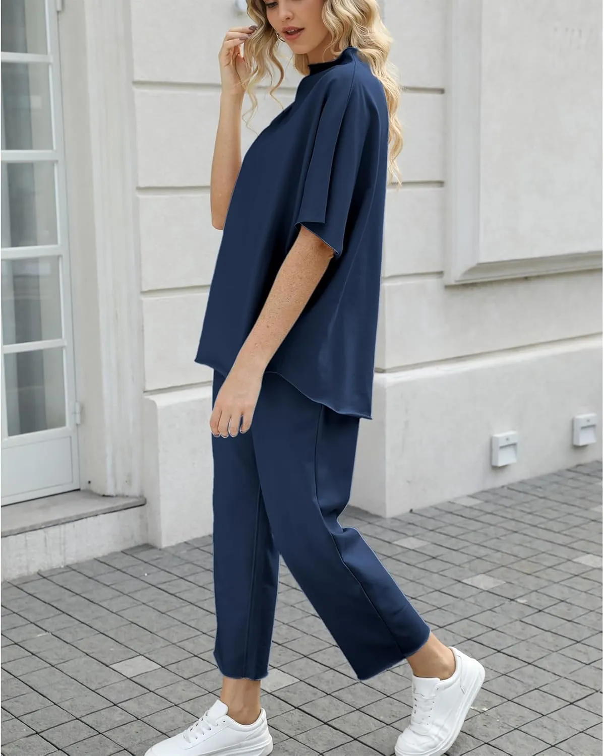Ainangua Women Casual Two Piece Outfits 3/4 Batwing Sleeve Capelet CrewNeck Pullover Top Wide Leg Pants Lounge Sets Sweatsuit