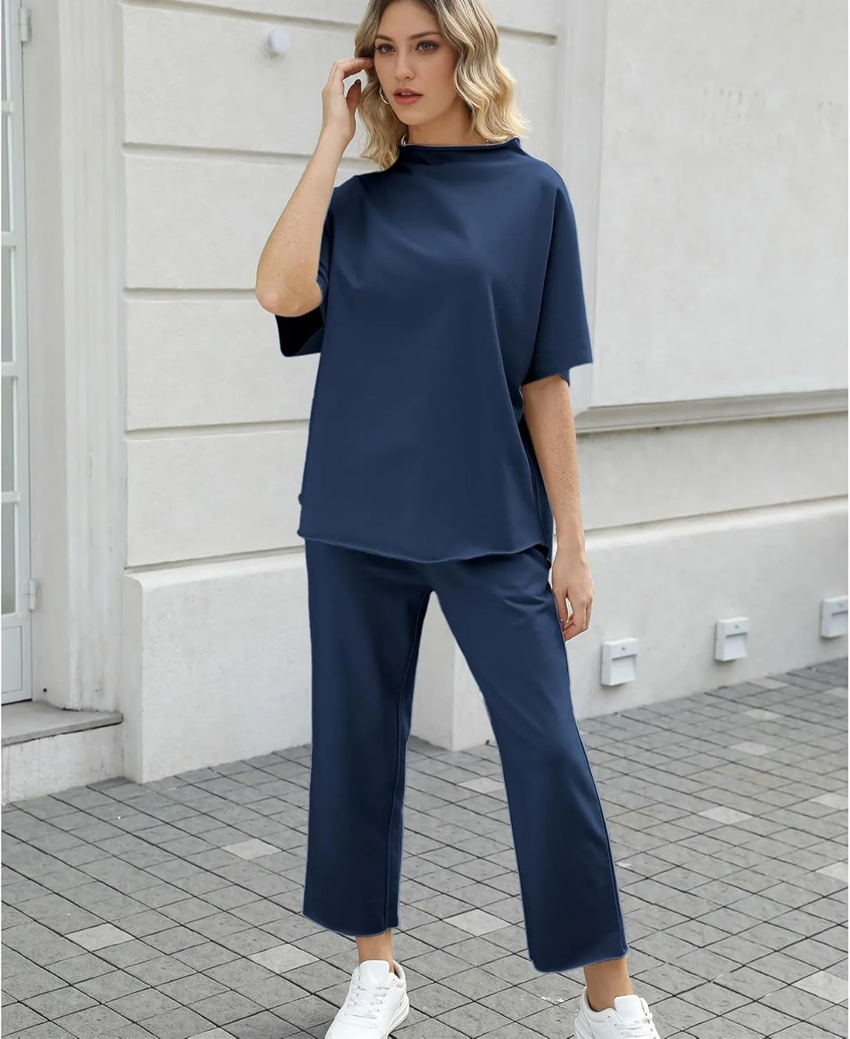 Ainangua Women Casual Two Piece Outfits 3/4 Batwing Sleeve Capelet CrewNeck Pullover Top Wide Leg Pants Lounge Sets Sweatsuit