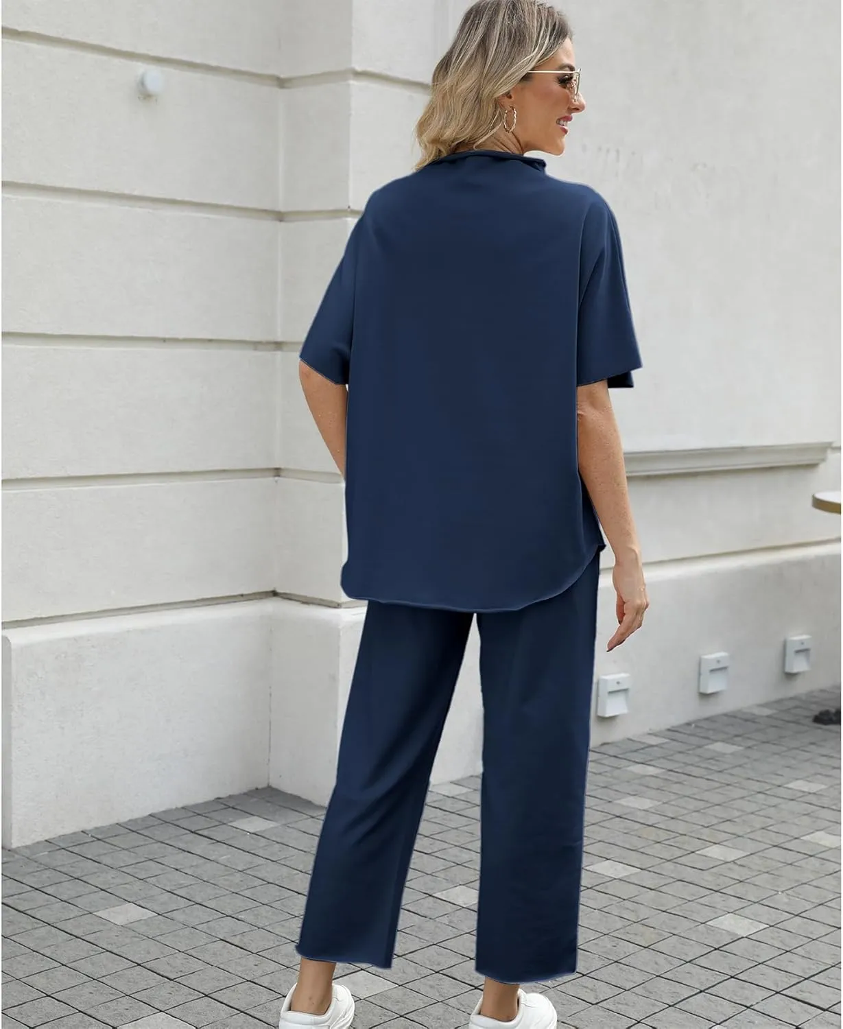 Ainangua Women Casual Two Piece Outfits 3/4 Batwing Sleeve Capelet CrewNeck Pullover Top Wide Leg Pants Lounge Sets Sweatsuit