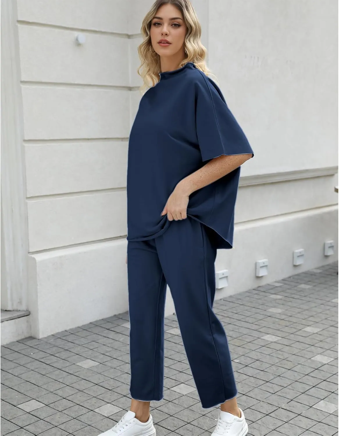 Ainangua Women Casual Two Piece Outfits 3/4 Batwing Sleeve Capelet CrewNeck Pullover Top Wide Leg Pants Lounge Sets Sweatsuit