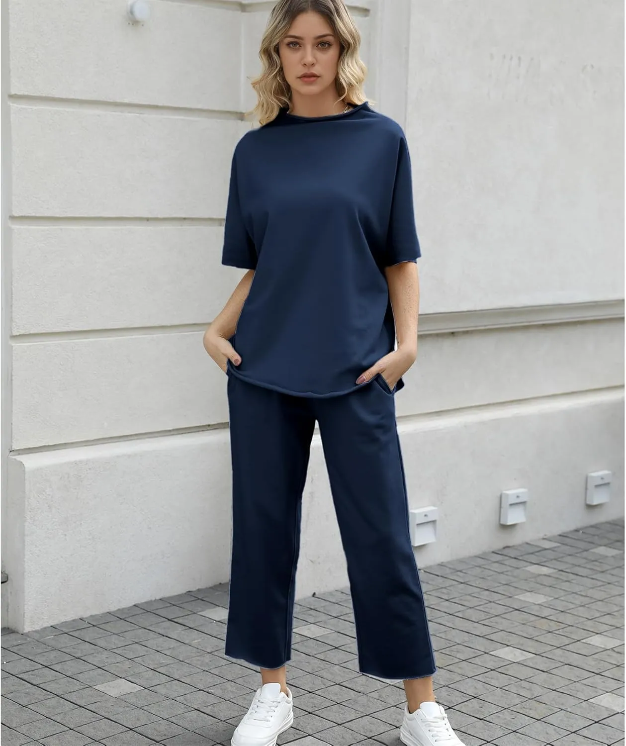 Ainangua Women Casual Two Piece Outfits 3/4 Batwing Sleeve Capelet CrewNeck Pullover Top Wide Leg Pants Lounge Sets Sweatsuit
