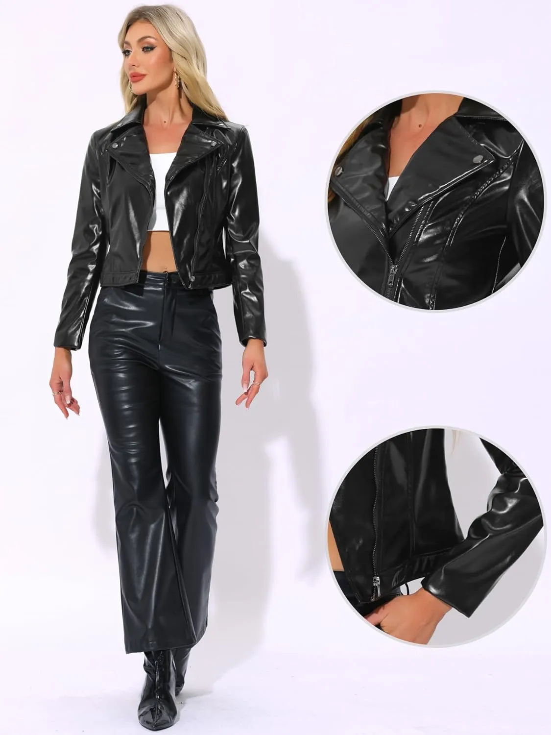 Allegra K Holographic Metallic Jacket for Women's Biker Shiny Jacket