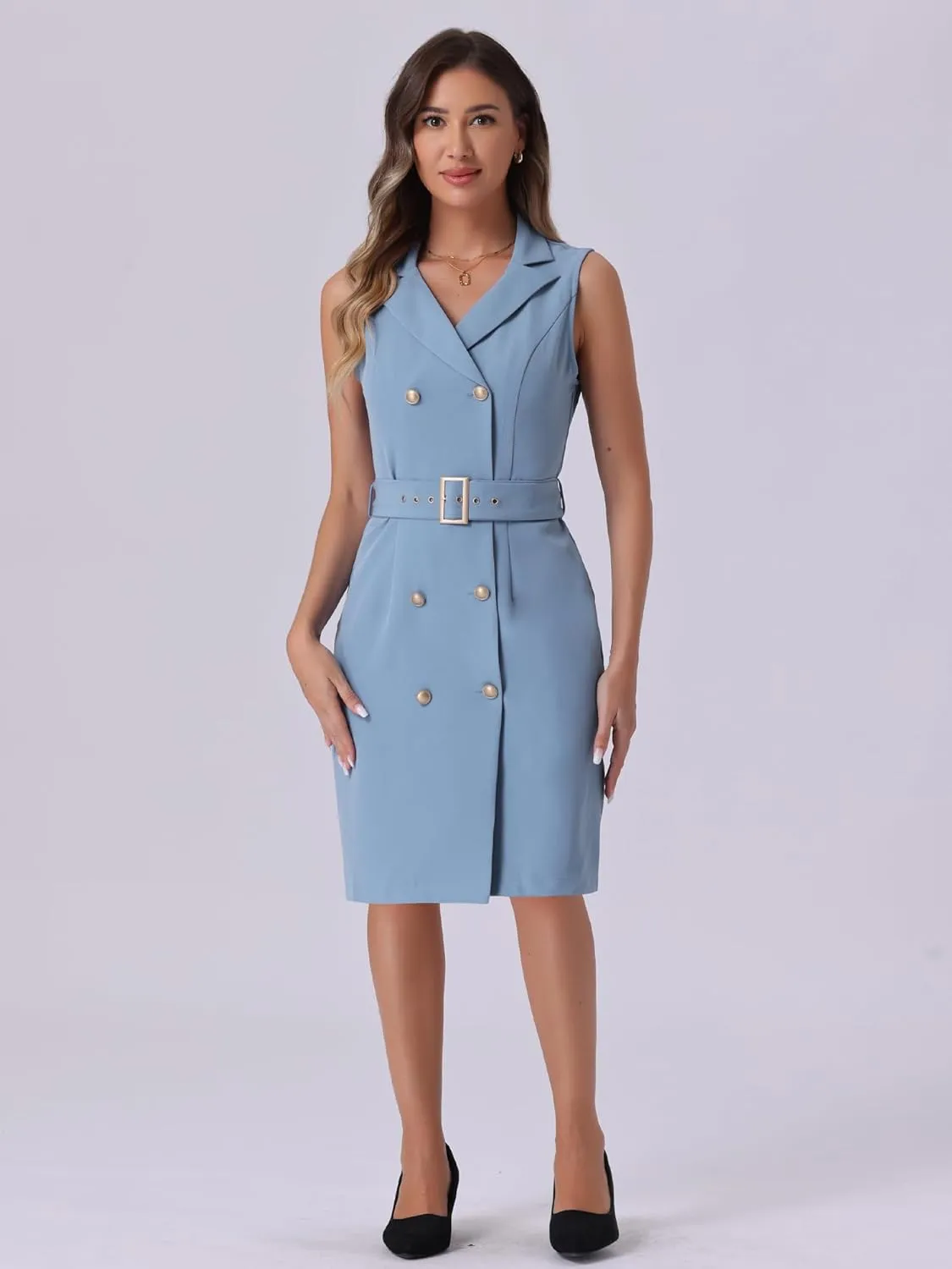 Allegra K Women's Blazer Dresses Summer Sleeveless Notched Lapel Double Breasted Belted Work Office Dress