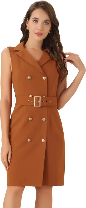 Allegra K Women's Blazer Dresses Summer Sleeveless Notched Lapel Double Breasted Belted Work Office Dress