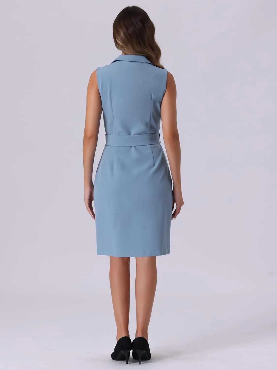 Allegra K Women's Blazer Dresses Summer Sleeveless Notched Lapel Double Breasted Belted Work Office Dress