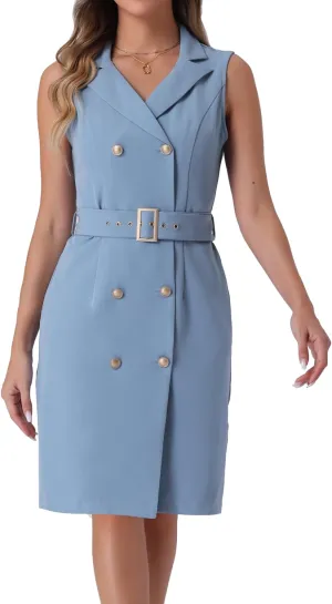 Allegra K Women's Blazer Dresses Summer Sleeveless Notched Lapel Double Breasted Belted Work Office Dress